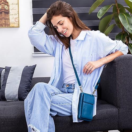 BULL GUARD Crossbody Bag for Women, Leather Phone Wallet Purse with Adjustable Anti Theft Strap & RFID Blocking 12 Card Slots - color: Celestial Blue Moon Chai - Small