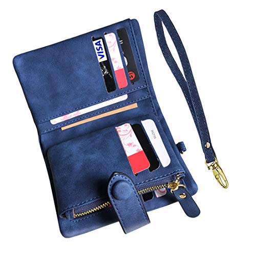 AOXONEL Women's Small Bifold Leather wallet Rfid blocking Ladies Wristlet with Card holder id window Coin Purse - color: Blue