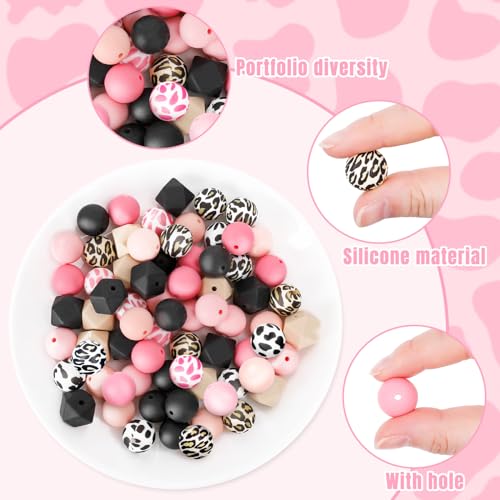 JarThenaAMCS Leopard Print and Cow Print Silicone Beads for Keychain Making Kit with 15mm Assorted DIY Silicone Beads Leather Tassels Key Rings for Office School Party Favors Decor