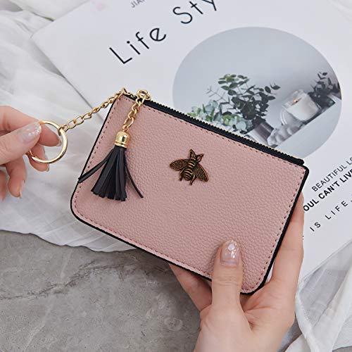 Women's Coin Purse Change Wallet Pouch Leather Card Holder with Key Chain Tassel Zip (Light Pink) - color: Light Pink