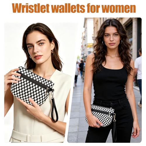 Woven Wristlet Bag for Women Checkered Crescent Pouch Wallet Small Purse - color: Black