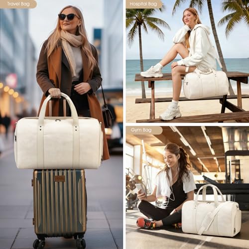 3PCS Faux Leather Weekender Bag for Women Men Travel Bag Overnight Bags | Leather Travel Duffel Bags for Traveling with Shoe Compartment Toiletry Packing Cube Carry On Tote Bag Men Fit 21.5" Laptop - color: White