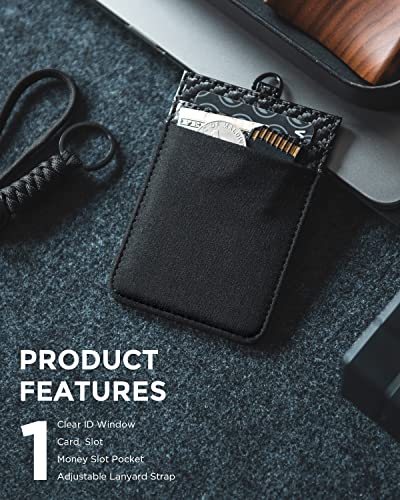 VULKIT ID Badge Holder with Lanyard for Women and Men Vertical Leather Badge Holder with Clear ID Window Card Holder Slot and Money Pocket Carbon Fiber - color: Carbon Fiber Black