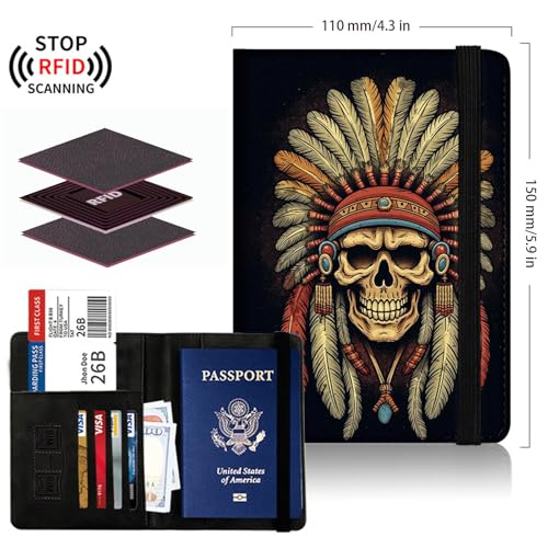 Passport Cover,Multi-Functional Travel Wallet,Stylish & Durable RFID Blocking Passport Holder, Travel Essentials for Men and Women,Native American Headdress Indian Feathers - color: Native American Headdress Indian Feathers