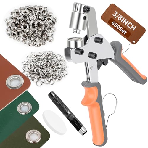 Heavy Duty Grommet Tool Kit - 600 Sets 3/8" Grommets, Manual Press Eyelets Tool with Hole Punch for Tarp Fabric Leather Banner Canvas Tents Vinyl Crafts (3/8" (10mm) - 600 Sets (Silver)) - size: 3/8in-600Sets Silver
