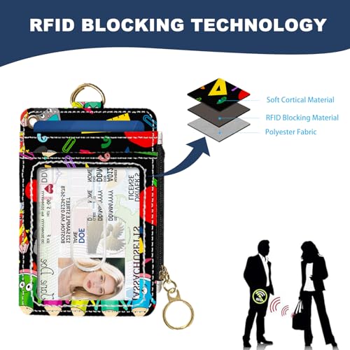 Slim Wallet Credit Card Holder, Colorful Stationery, RFID Wallet Women Cute Small Front Pocket Wallet With Zipper, PU Leather Thin travel RFID Blocking Card Case ID Window,Ladies Gifts - color: Colorful Stationery
