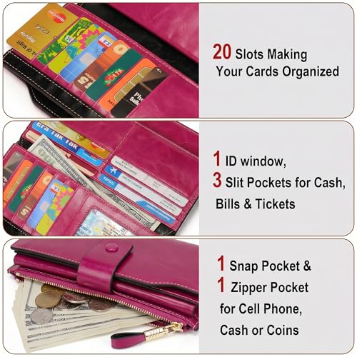 YALUXE Women's RFID Real Leather Wallet with 21 Card Slots Phone Pocket - color: 7- Waxed Pink, size: Genuine Leather