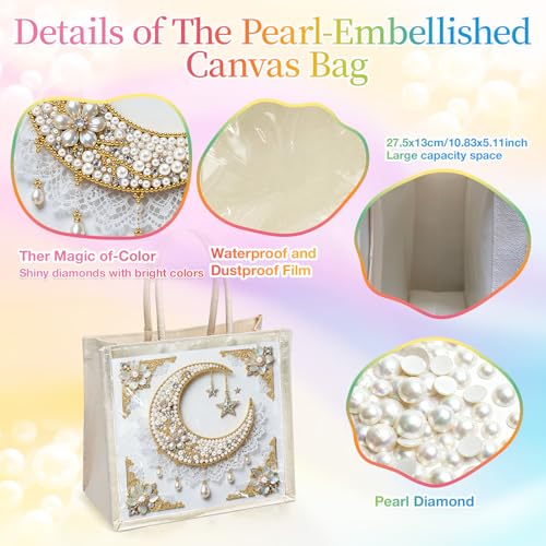 Xylzzuit DIY Pearl Painting Canvas Tote Bag Kit 11.42IN Diamond Art Handbag for Women Shopping Grocery Bag Dots Beads Art Craft Gift (Moon) - color: Moon