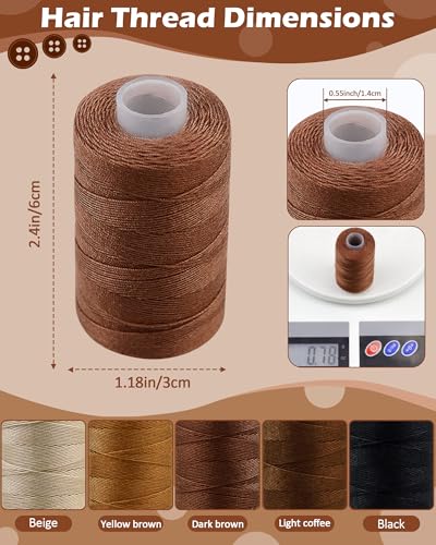 FIVEIZERO 5 Rolls Hair Extension Thread with 30 PCS T/C/J/I Needles Using,5 Colors Hair Weave Threads,Sew in Needle and Thread for Hair Extensions,Hand Sewing,Making Wigs DIY-750yd | 5 Rolls Hair Thread;4-ply polyester weaving thread;Hair Weave Threads fo