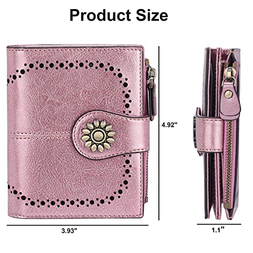 Womens Leather Wallet Small Compact RFID Blocking Credit Card Case Purse with Zipper Pocket | Small - color: Rose Gold