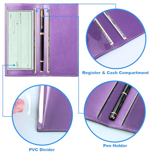 CASMONAL Checkbook Cover for Personal, Check Book Holder for Women & Men | PU Leather with Pen Holder, Transparent PVC Divider for Duplicate Checks - color: Lavender