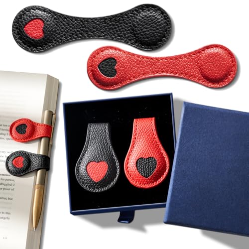 Ovesmusl 2Pcs PU Leather Heart Magnetic Bookmarks with Pen Holder | Red and black set with double-sided magnets, gift box included, for books, notebooks, magazines, readers and teachers - style: Heart (Red+Black)