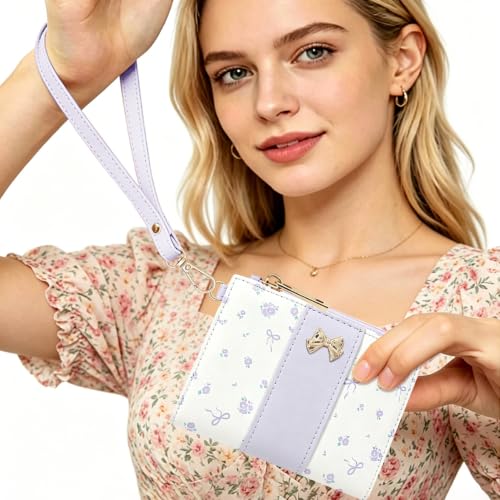 Floral Bow Small Zipper Wallet for Women Girls (BIFOLD-PURPLE) | Bifold Wallet, Zipper Coin Pocket, ID Window, 5 Card Slots, Removable Wrist Strap - color: BIFOLD-PURPLE