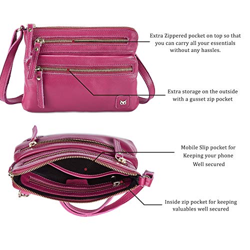 Small Leather Crossbody Bag for Women Adjustable Sling Purse Multi Pocket | Genuine Top Grain Leather, 4 Zip Pockets, Cross Over for Travel, Gift for Women, Phone Pocket - color: Fuchsia Pink Nappa