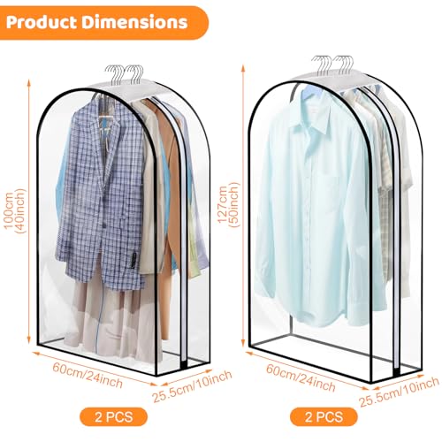 Dntorx 4 Pack Clear Garment Bags, 40/50", 10" Gusset, Side Zipper | Peva Material, Transparent Design, Dustproof Closet Storage For Suits, Jackets And Dresses - size: 40in*2+50in*2