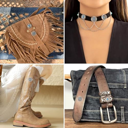 36pcs/12 Sets Faux Turquoise Rivets Kit Round Vintage Western Style Conchos Flower Metal Rapid Rivet Leather Decorative Conchos Nailhead Studs for DIY Shoes Bag Belt Product - color: #01-Faux Turquoise-36pcs/12 Sets