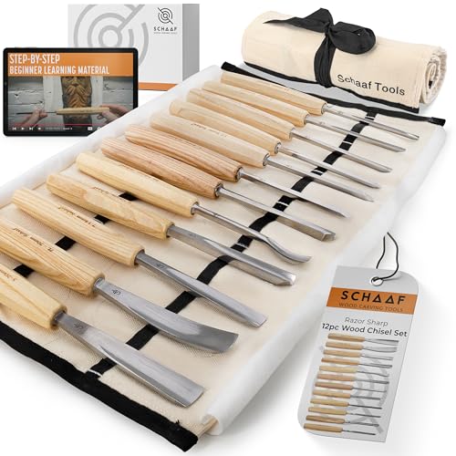 Schaaf Wood Carving Tools 12-pc Wood Chisel Set with Gouges, Cr-V 60 Steel | Full size carving chisels for sculpture and relief carving, ergonomic handles, canvas tool roll, beginner tutorials included - color: 12 Piece Set