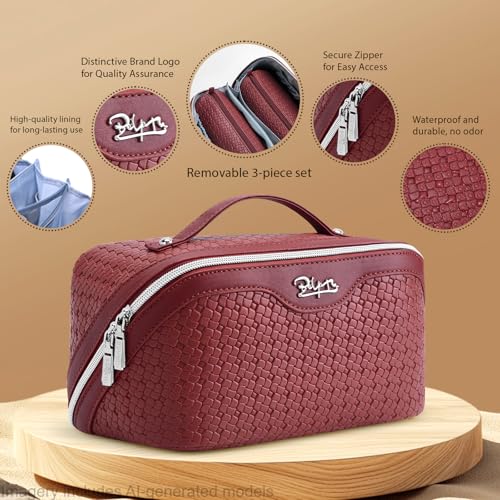 BOYATU Travel Makeup Bag Cosmetic Bags for Women: 3 Pcs Set Make up Bag | Large Capacity Waterproof Vegan Leather Organizer Bags with Compartments - Lay flat Toiletry with Handle (L52Burgundy) - color: L52Burgundy