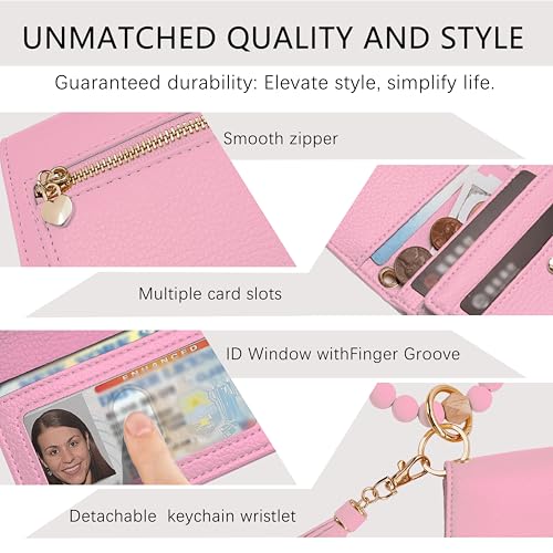 Keychain Wallet for Women,RFID Wristlet Wallet with Beaded Strap | Tri-Fold Design,6 Card Slots,ID Window,Zipper Coin Pocket,Lightweight Carry - color: Pink