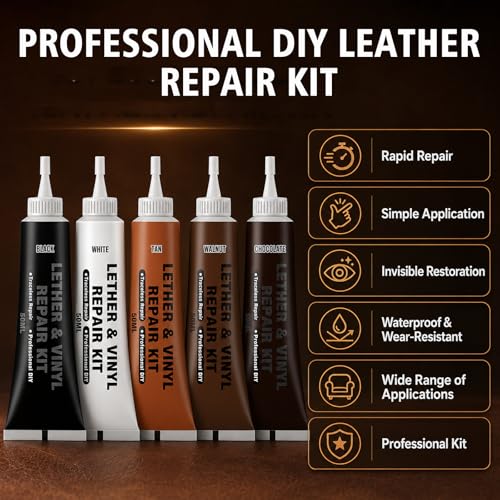 Brown Leather Repair Kit for Furniture, Car Seats, Couch, Steering Wheel, Leather and Vinyl Repair Kit with Super Easy Instructions, Efficiently Repairs Scratches, Peeling, Tears, Holes of All Leather