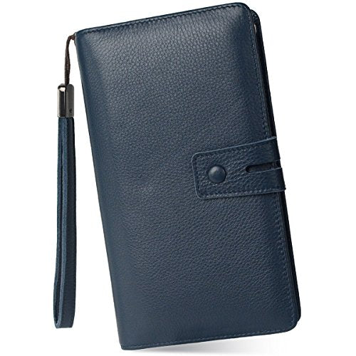 Bveyzi Women's Big Fat Rfid Leather Wristlet Wallet Organizer Large Phone Checkbook Holder with Zipper Pocket (Navy Blue) - color: Navy Blue