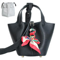 Genuine Leather Bucket Bag with Shoulder Strap, Organizer Insert & Silk Scarf for Women Handbag Tote Bag - color: Black-gold