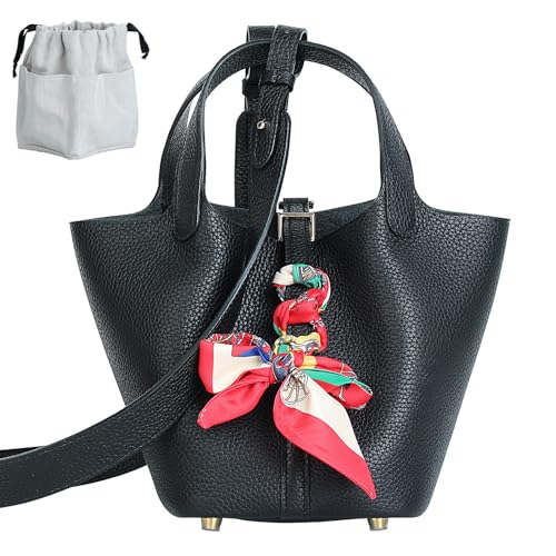 Genuine Leather Bucket Bag with Shoulder Strap, Organizer Insert & Silk Scarf for Women Handbag Tote Bag - color: Black-gold