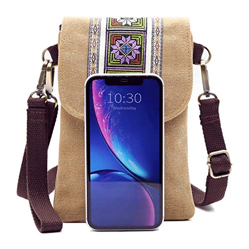 SILKAREA Vintage Embroidered Canvas Flip Small Crossbody Bag Cell Phone Pouch for Women Wristlet Wallet Bag Coin Purse - color: Brown