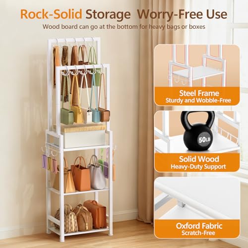 Tall Purse Organizer for Closet,Narrow & High-Capacity Handbag Organizer | Purse Rack Stand with 10 Purse Hanger & 6 Side Hooks,Space-Saving Bag Organizer Rack for Home, Closet, Small Space,Black - color: White, size: 3 Tier