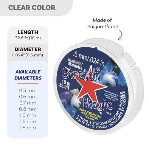 Stretch Magic Elastic Beading Cord – Clear Color, 0.6mm in Diameter, 10-Meter (32 ft) - Easy to Knot, Strong & Stretchy String for Making Beaded Jewelry - size: 0.6 mm, style: Clear - 10 Meter