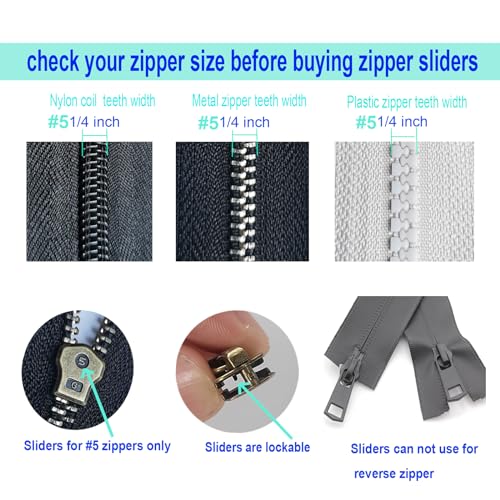cpqakb 12 Pcs Zipper Pull Replacement 5 Zippers Repair Kit Lockable Slider | zippers Bottom and Top Stop , Fix Zip Head On For Repairing Coats ,Jackets , Metal Plastic and Nylon Coil Zippers.