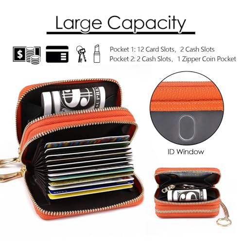 imeetu Rfid Credit Card Holder, Businese Card Case, Wallet for Women Men | Genuine Leather Card Wallet with id Window, Keychain & Double Zipper, Water-resistan Small Wallet with Gift Box, Daily Travel - color: Max - Orange