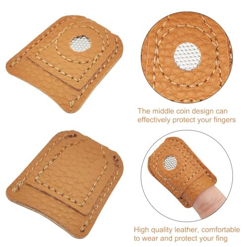 4 Pack 2 Sizes Leather Thimble Hand Sewing Thimble + 16 Pcs Multi Sizes Sewing Needles, Finger Protector Thimble Leather Coin Thimble Pads for Hand Sewing Quilting Knitting Craft DIY Tool
