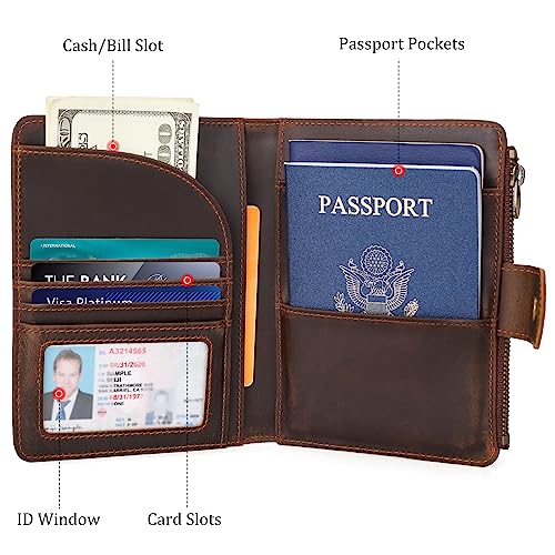 Polare Leather Passport Holder RFID Blocking Travel Bifold Wallet - color: Dark Brown with Zipper Pocket
