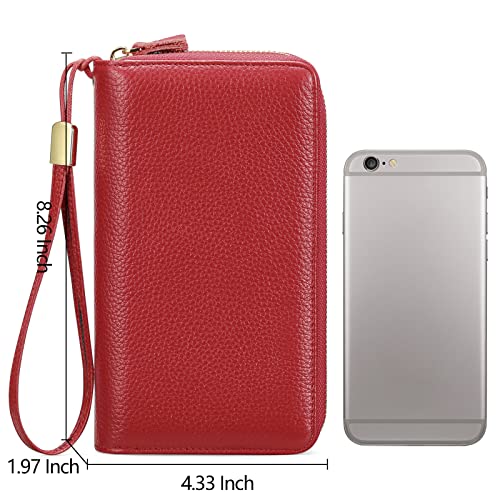 SENDEFN Leather Women Wallet RFID Blocking Zipper Around Phone Holder Clutch Wristlet Large Capacity - color: Red