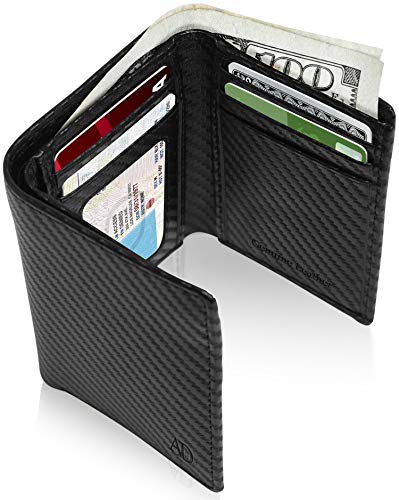 Trifold Wallets for Men - Slim RFID Blocking Wallet for Securing Personal Data - Front Pocket Friendly Genuine Leather Wallet - Mens Wallets Trifold with ID Window - Tri Fold Wallet Gifts for Men - color: Black Carbon Fiber