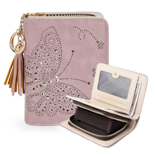 KITEVIUN Women RFID Blocking Small Bifold Wallet, Compact Cash Clutch with Zipper Coin Pocket, Glittery Butterfly Design, Credit Card Holder, Travel Purse with Tassel PURPLE - color: 06-PURPLE