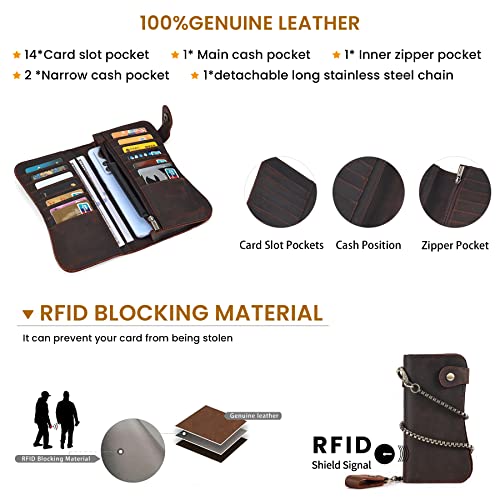 Vintage Brown Crazy Horse Leather Wallet for Men with Detachable Chain, RFID Blocking Biker Long Wallet Holds Phone, Cash & 14+ Cards, Retro Motorcycle Rfid Wallet - color: Coffee