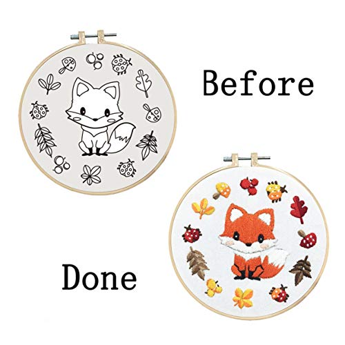 Louise Maelys Fox Embroidery Kit for Beginner, Animal Cross Stitch Kit | DIY Full Range Easy Needlepoint With Stamped Animal Pattern, Hoop, Threads, Needles And Instructions For Adults DIY Craft - color: Fox