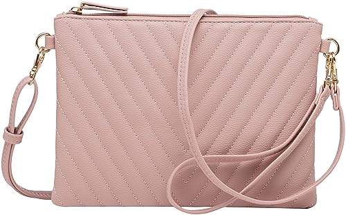 B BRENTANO Chevron Embroidered Crossbody Clutch Bag Pouch with Removable Wristlet & Adjustable Shoulder Strap - color: Blush