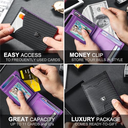 GSOIAX Slim Wallet for Men Rfid Blocking Leather Bifold Front Pocket Carbon Fiber Men's Money Clips Credit Card Holder With Gift Box - color: Carbon Black and Purple