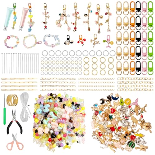 Aucscott DIY Keychain Making Kit with Charms for Girls, Aesthetic Personalized Lip Gloss Bracelet Bag Charms Personalized Cute Keychains Craft Kit Gift for Teens, Besties, Friends & Birthday - color: Multicolor - 740Pcs Kit