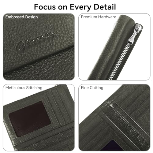Women's Bifold Wallet, Genuine Leather, Magnetic, ID Window | Holds 10+ Cards, 2 Zip Coin Pockets, Pebbled Cowhide, Snap Closure, Large Capacity, Multiple Colors, Compact 5.5x3.9in - color: B-Dark Olive