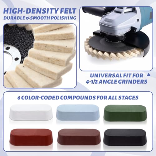 24 Pcs Wool Polishing Wheel Disc and Polishing Compounds Set Includes 18 Buffing Wheels (4-1/2" x 7/8") 6 Buffing Compound Felt Flap Disc for Angle Grinder Aluminum Wood Automotive