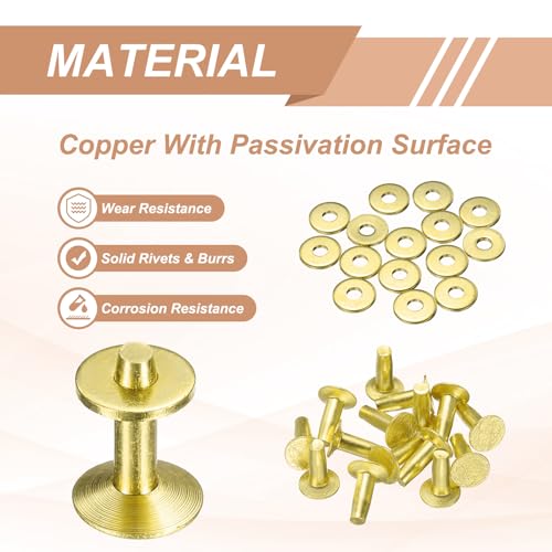HARFINGTON 15Set Brass Rivets and Burrs Washers 10x3.3x12mm Dimpled Finish Solid Leather Rivet Fastener Studs Posts for Leather DIY Craft Belts Wallets Collars, Gold Yellow - color: Gold Yellow, size: 10x3.3x12mm