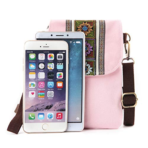 SILKAREA Vintage Embroidered Canvas Flip Small Crossbody Bag Cell Phone Pouch for Women Wristlet Wallet Bag Coin Purse - color: Pink