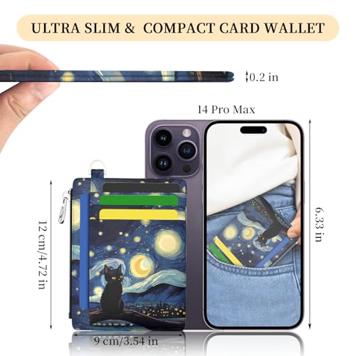 Hancynir Black Cat Slim Wallet Women Credit Card Holder, RFID Small Cute | Zipper Pocket Wallet, Thin Travel Coin Purse, Ladies Women Gifts, Minimalist Card Case, 6 Card Slots, ID Window, PU Leather - color: Black Cat Starry Night