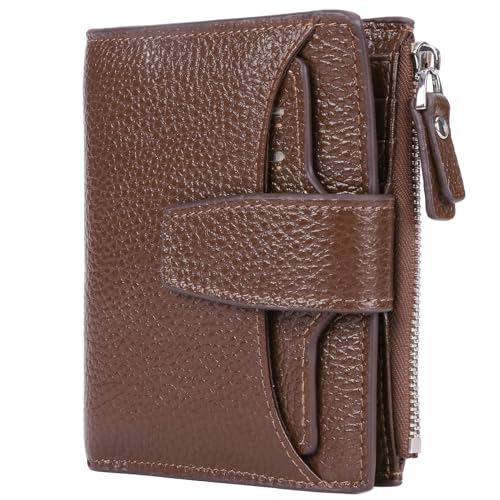 Women's RFID Blocking Leather Small Compact Bi-fold Zipper Pocket Wallet Card Case Purse with id Window - color: Lichee Coffee