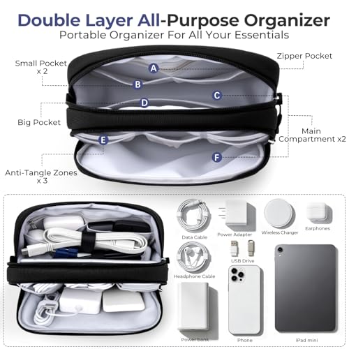 Skycase Travel Cable Organizer - Lightweight Water Resistant Dual-Layer Tech Pouch with Wrist Strap 9 Compartments Electronic Organizer Travel Case for Charger Cord Hard Drive,Large,Black - color: Black, size: L