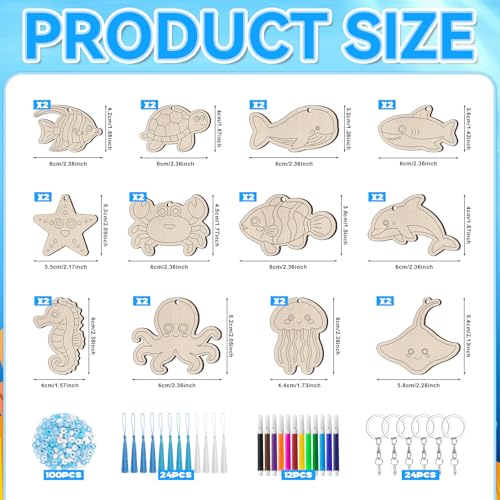 Cinrobiye 24 Set Under The Sea Party Favors Ocean Animals Keychain Craft Kits Bulk Sea Life Wooden Paint Keychains with Colored Pens Gift for Home School Art Craft Project Birthday Summer Party Favors - style: Ocean